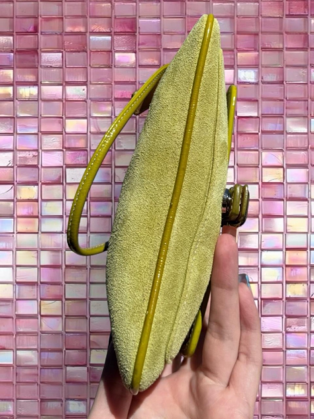Coach Yellow-Lime Suede Wristlet Clutch with Patent Trim - Picture 4 of 6